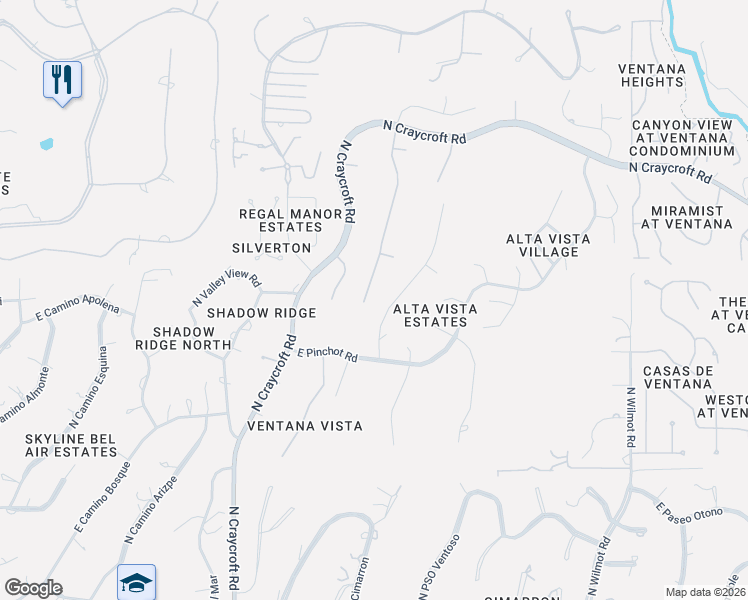 map of restaurants, bars, coffee shops, grocery stores, and more near 6320 North Placita Alta Reposa in Tucson