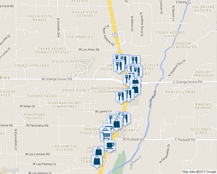 map of restaurants, bars, coffee shops, grocery stores, and more near 6352 North Barcelona Lane in Tucson
