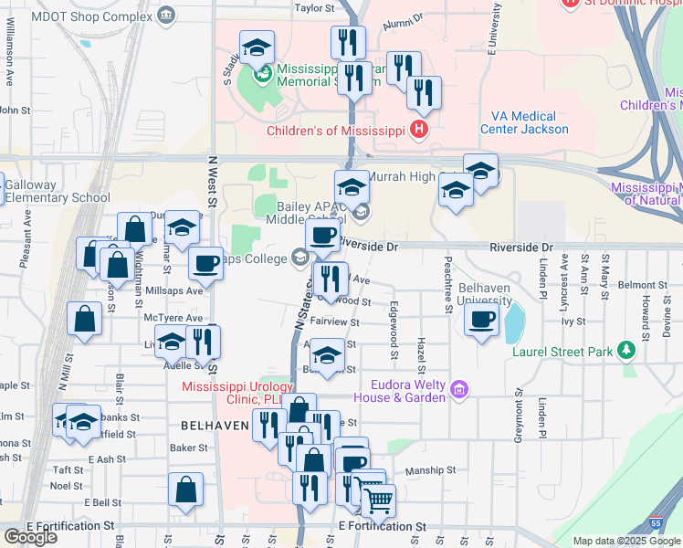 map of restaurants, bars, coffee shops, grocery stores, and more near 755 Euclid Avenue in Jackson