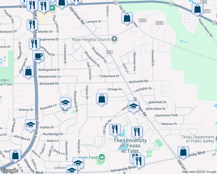 map of restaurants, bars, coffee shops, grocery stores, and more near 3312 Omega Drive in Tyler