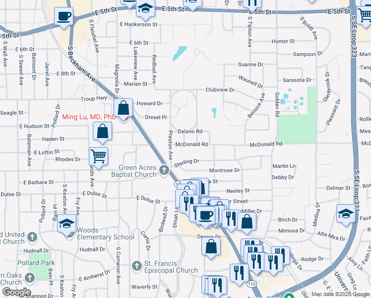 map of restaurants, bars, coffee shops, grocery stores, and more near 1701 McDonald Road in Tyler