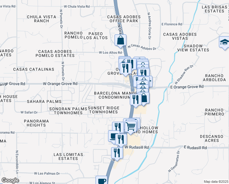 map of restaurants, bars, coffee shops, grocery stores, and more near 6352 North Barcelona Lane in Tucson
