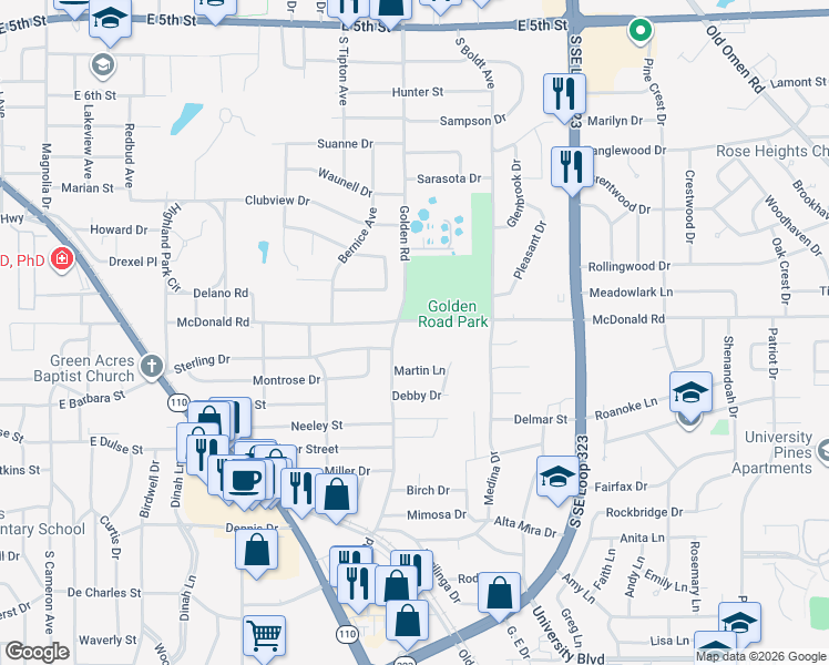 map of restaurants, bars, coffee shops, grocery stores, and more near 2307 McDonald Road in Tyler