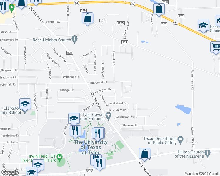map of restaurants, bars, coffee shops, grocery stores, and more near 3820 Lexington Drive in Tyler