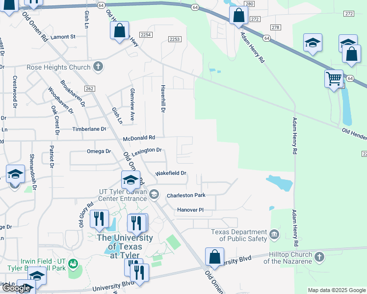 map of restaurants, bars, coffee shops, grocery stores, and more near 3965 Cottage Drive in Tyler