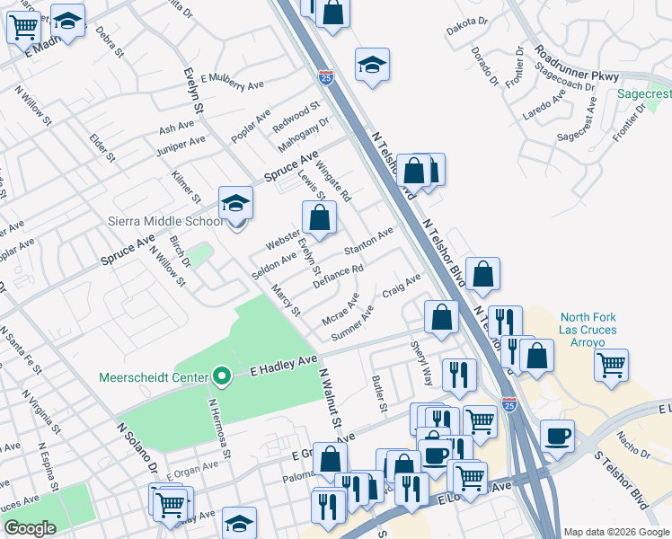 map of restaurants, bars, coffee shops, grocery stores, and more near 1852 Defiance Road in Las Cruces