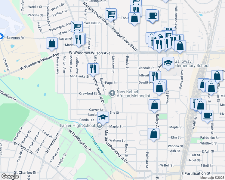 map of restaurants, bars, coffee shops, grocery stores, and more near 2227 Decatur Street in Jackson