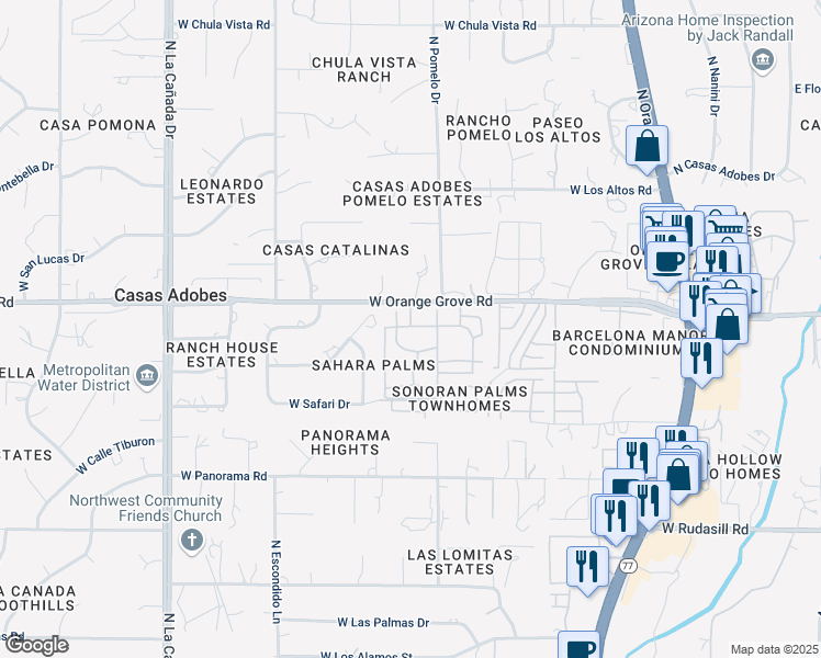 map of restaurants, bars, coffee shops, grocery stores, and more near 951 West Orange Grove Road in Tucson