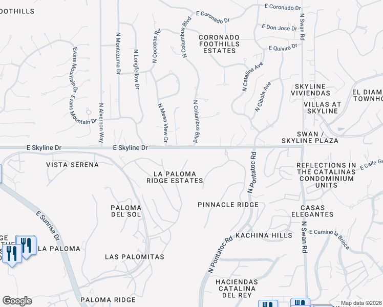 map of restaurants, bars, coffee shops, grocery stores, and more near 6350 North Placita Arista in Tucson