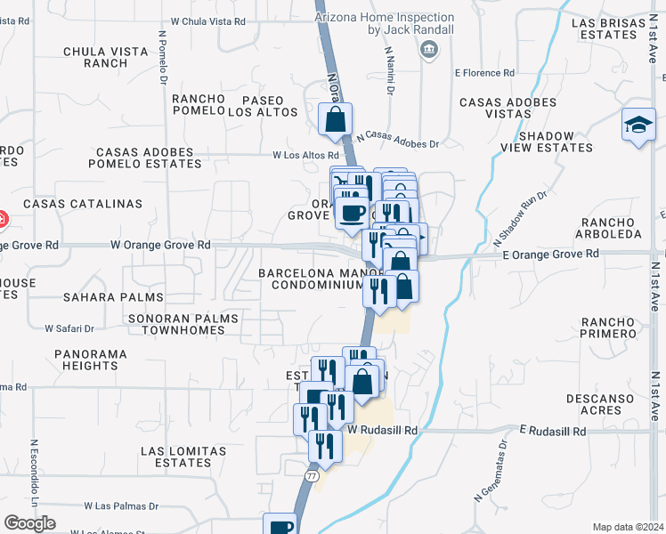 map of restaurants, bars, coffee shops, grocery stores, and more near 401 West Orange Grove Road in Tucson
