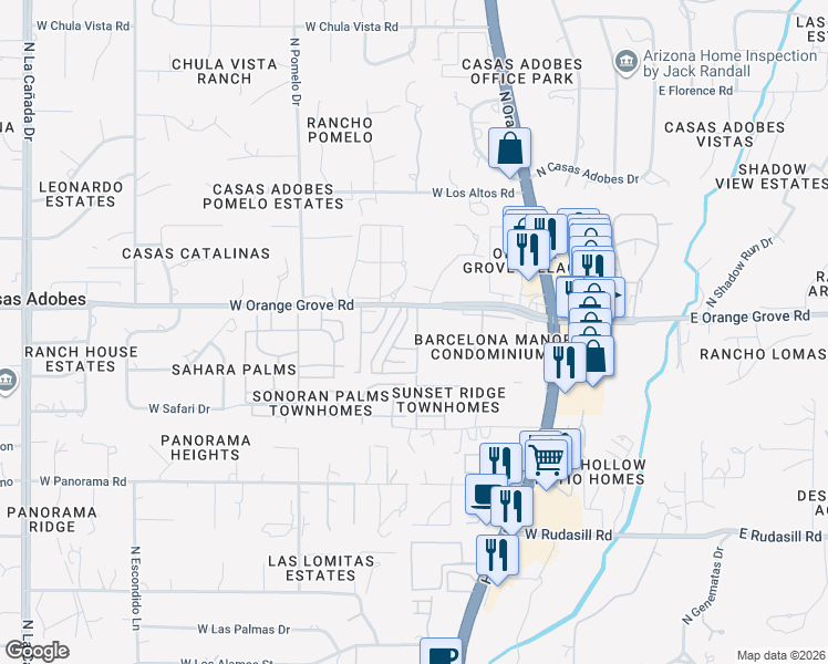 map of restaurants, bars, coffee shops, grocery stores, and more near 6344 North Orange Tree Drive in Tucson