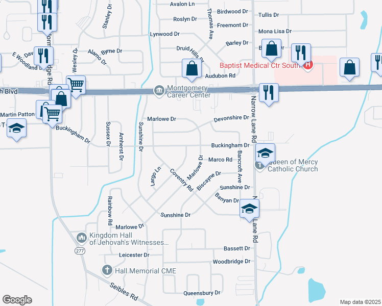 map of restaurants, bars, coffee shops, grocery stores, and more near 1413 Flamingo Lane in Montgomery