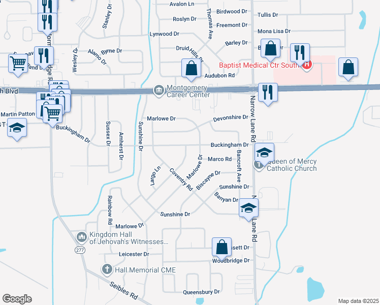 map of restaurants, bars, coffee shops, grocery stores, and more near 1413 Flamingo Lane in Montgomery