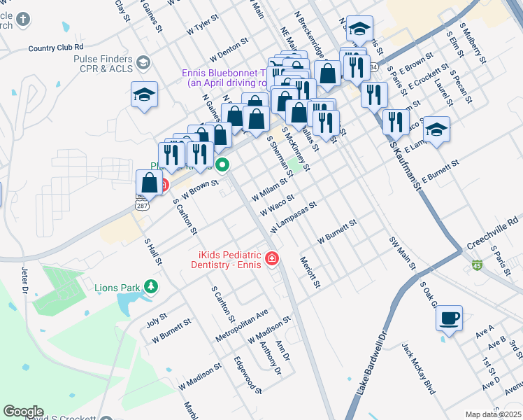 map of restaurants, bars, coffee shops, grocery stores, and more near 605 West Waco Street in Ennis