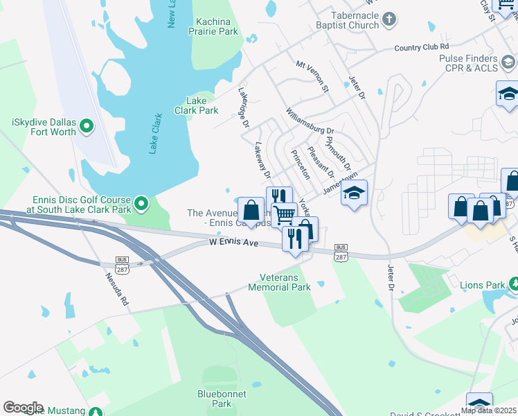 map of restaurants, bars, coffee shops, grocery stores, and more near 2300 Yorkstown Drive in Ennis
