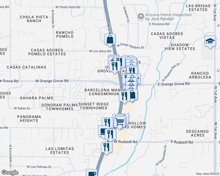 map of restaurants, bars, coffee shops, grocery stores, and more near 401 West Orange Grove Road in Tucson