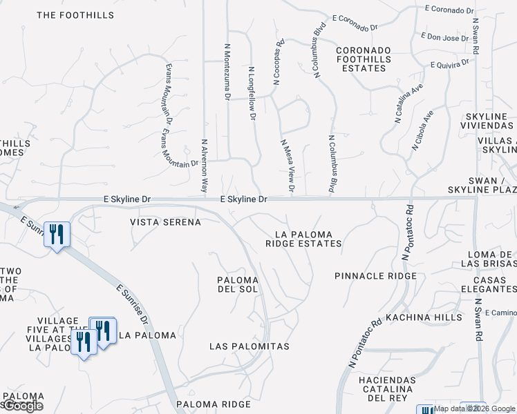 map of restaurants, bars, coffee shops, grocery stores, and more near 4061 Camino Montecillo in Tucson