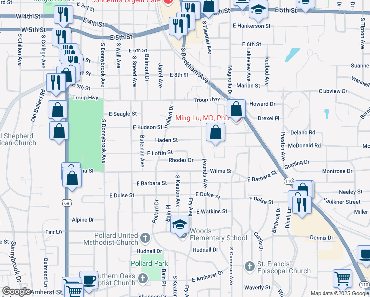 map of restaurants, bars, coffee shops, grocery stores, and more near 920 East Loftin Street in Tyler