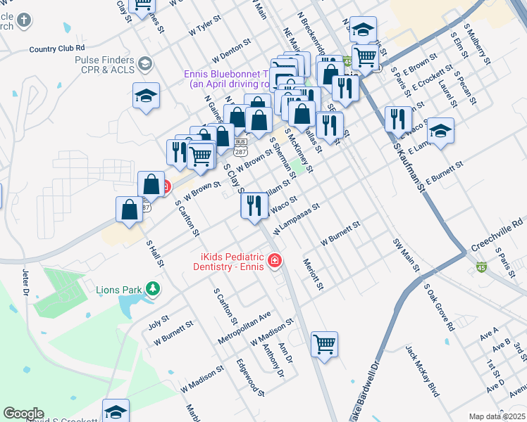 map of restaurants, bars, coffee shops, grocery stores, and more near 605 West Waco Street in Ennis
