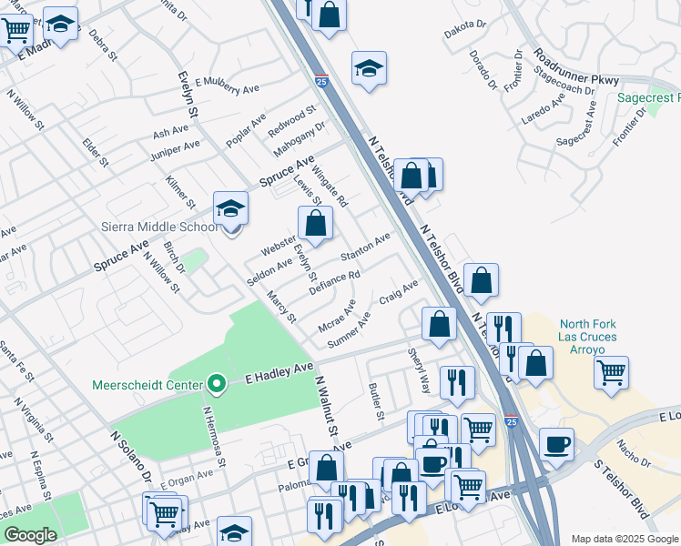 map of restaurants, bars, coffee shops, grocery stores, and more near 1852 Defiance Road in Las Cruces