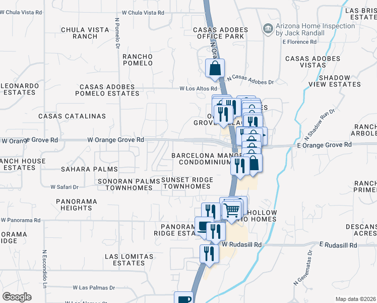 map of restaurants, bars, coffee shops, grocery stores, and more near 645 West Orange Grove Road in Tucson
