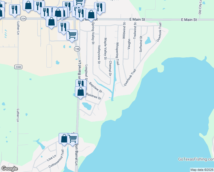 map of restaurants, bars, coffee shops, grocery stores, and more near 132 Bayview Street in Gun Barrel City