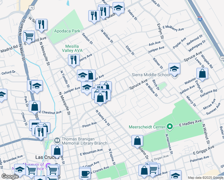 map of restaurants, bars, coffee shops, grocery stores, and more near 1315 Wade Street in Las Cruces