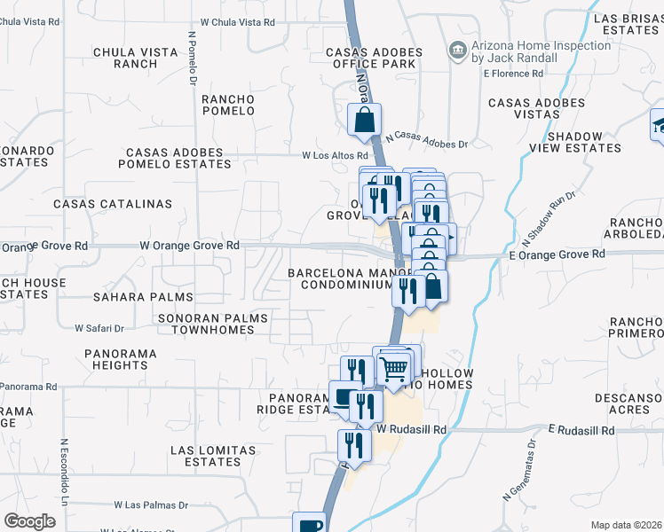map of restaurants, bars, coffee shops, grocery stores, and more near 6352 North Barcelona Lane in Tucson