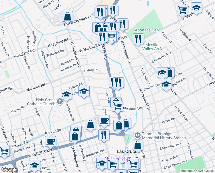 map of restaurants, bars, coffee shops, grocery stores, and more near 107 West Ethel Avenue in Las Cruces