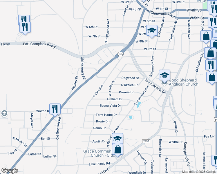 map of restaurants, bars, coffee shops, grocery stores, and more near 2611 West Azalea Drive in Tyler