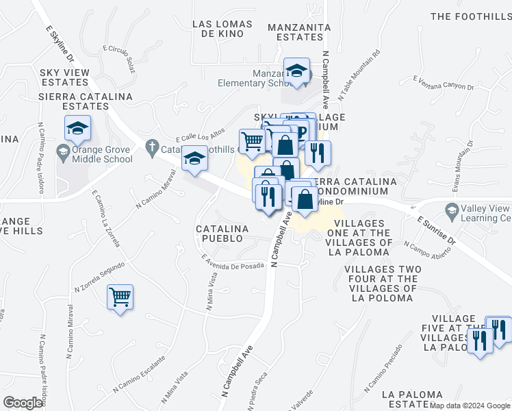 map of restaurants, bars, coffee shops, grocery stores, and more near 2840 East Skyline Drive in Tucson