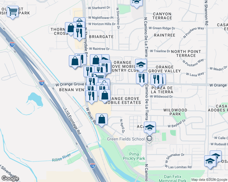 map of restaurants, bars, coffee shops, grocery stores, and more near 6310 North Orange Blossom Lane in Tucson