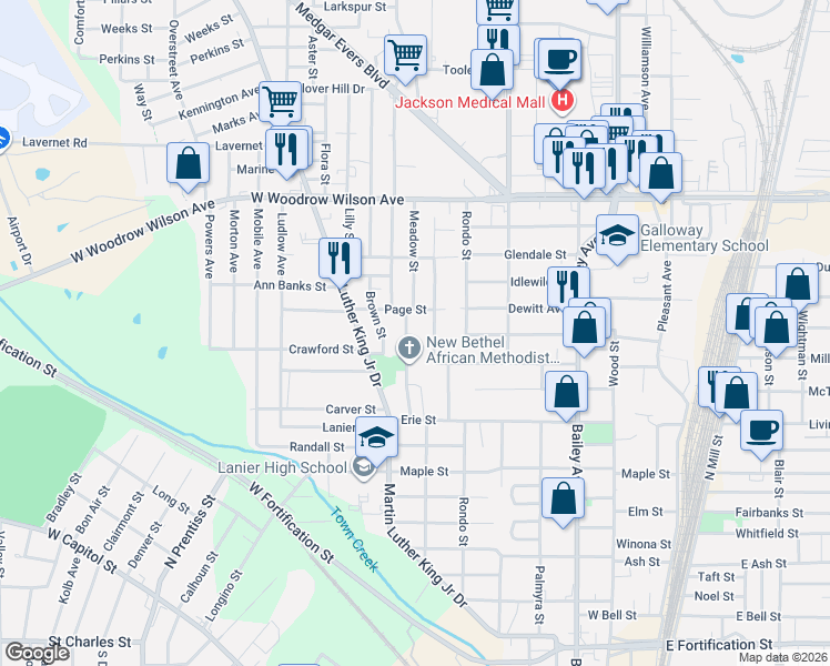map of restaurants, bars, coffee shops, grocery stores, and more near 2227 Decatur Street in Jackson