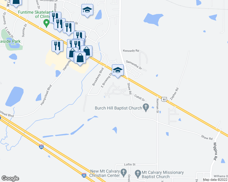 map of restaurants, bars, coffee shops, grocery stores, and more near 467 East Browning Drive in Jackson
