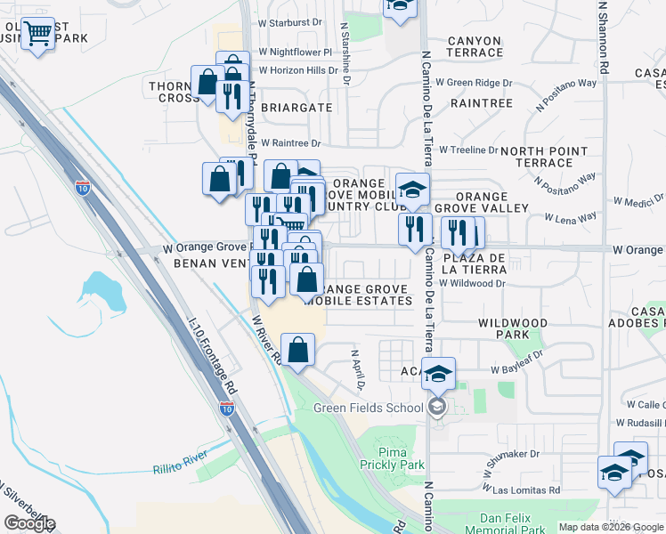 map of restaurants, bars, coffee shops, grocery stores, and more near 6330 North Orange Blossom Lane in Tucson