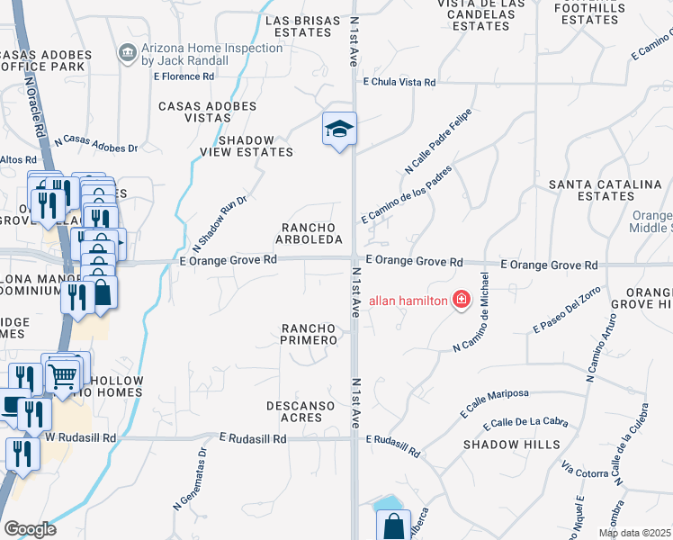 map of restaurants, bars, coffee shops, grocery stores, and more near 596 East Weckl Place in Tucson