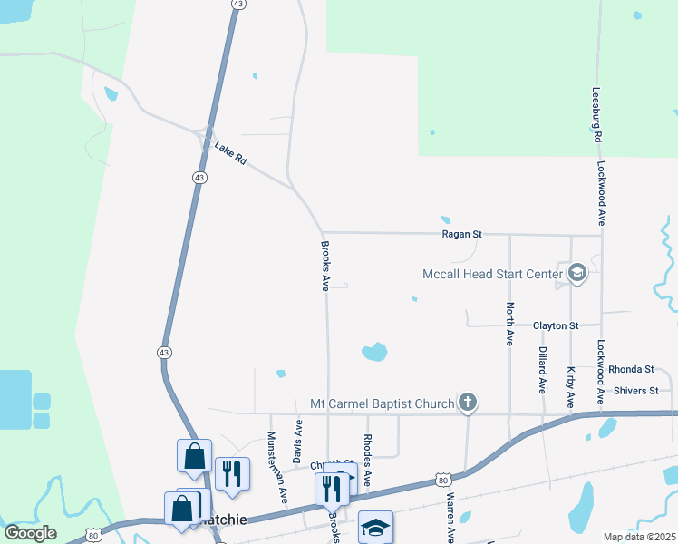 map of restaurants, bars, coffee shops, grocery stores, and more near 408 Brooks Street in Pelahatchie