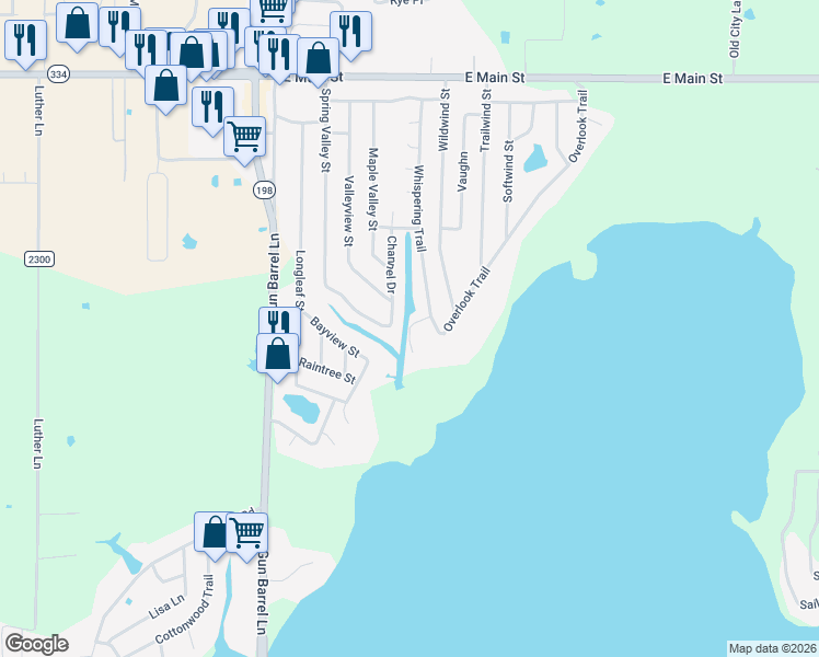 map of restaurants, bars, coffee shops, grocery stores, and more near 105 Whispering Point Drive in Gun Barrel City