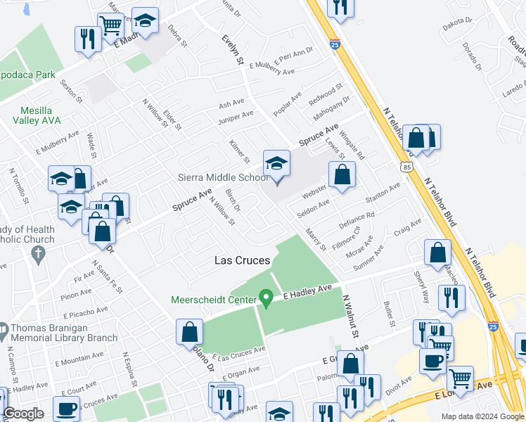 map of restaurants, bars, coffee shops, grocery stores, and more near 1637 Capitan Avenue in Las Cruces