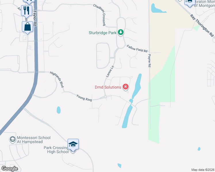 map of restaurants, bars, coffee shops, grocery stores, and more near Lenox Lane in Montgomery
