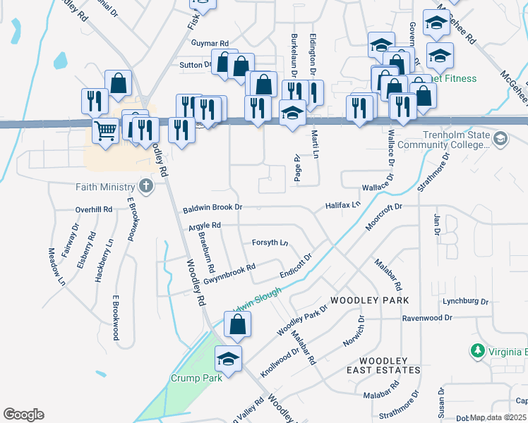 map of restaurants, bars, coffee shops, grocery stores, and more near 2723 Argyle Road in Montgomery