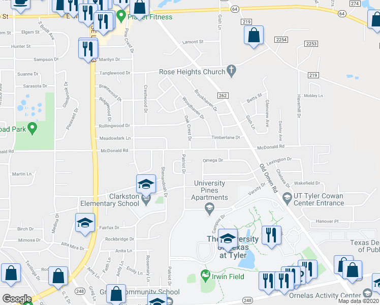 map of restaurants, bars, coffee shops, grocery stores, and more near 3105 McDonald Road in Tyler