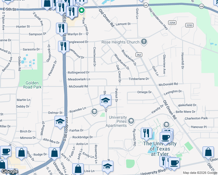 map of restaurants, bars, coffee shops, grocery stores, and more near 3004 Tower Drive in Tyler