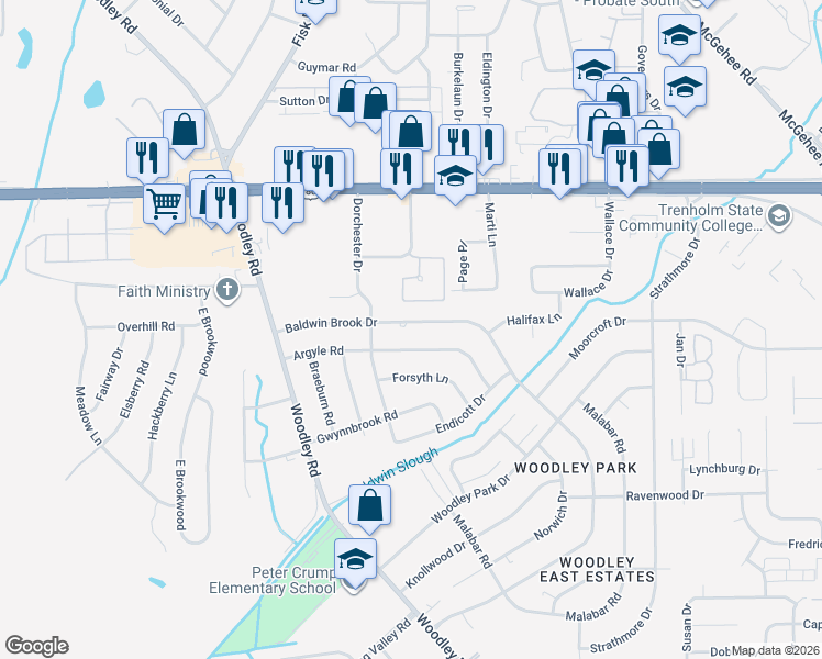 map of restaurants, bars, coffee shops, grocery stores, and more near 2723 Argyle Road in Montgomery