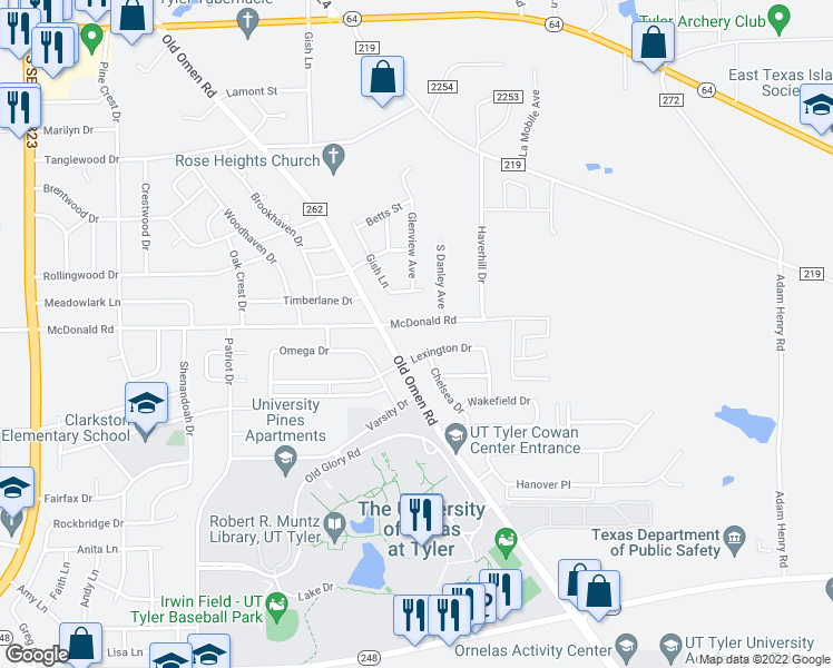 map of restaurants, bars, coffee shops, grocery stores, and more near 3609 McDonald Road in Tyler