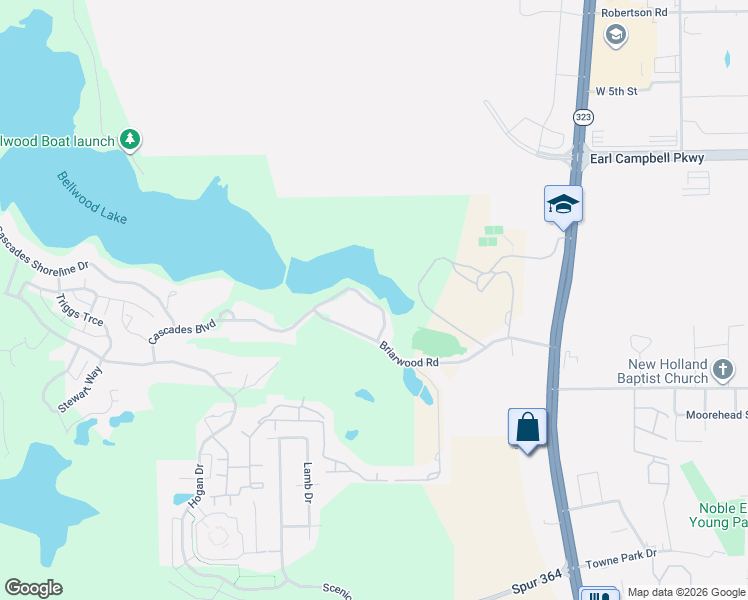 map of restaurants, bars, coffee shops, grocery stores, and more near 4151 Briarwood Road in Tyler