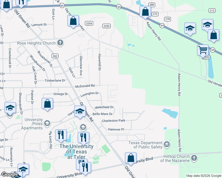 map of restaurants, bars, coffee shops, grocery stores, and more near 3960 Cottage Drive in Tyler