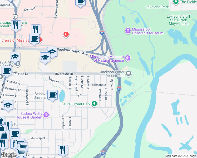 map of restaurants, bars, coffee shops, grocery stores, and more near 1803 Howard Street in Jackson