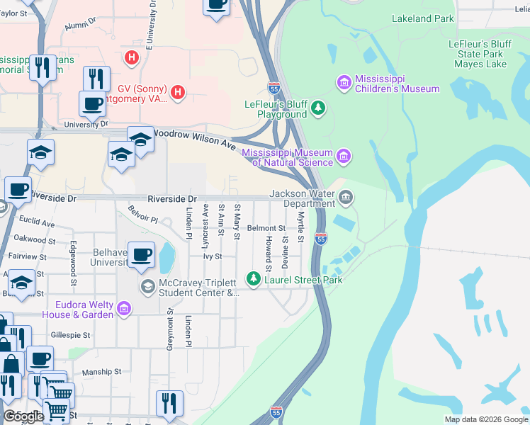 map of restaurants, bars, coffee shops, grocery stores, and more near 1831 Howard Street in Jackson