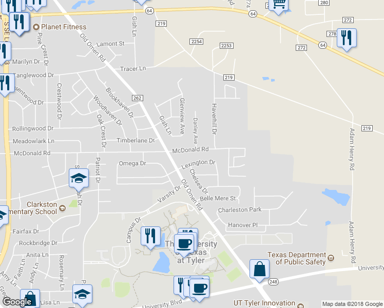 map of restaurants, bars, coffee shops, grocery stores, and more near 3629 McDonald Road in Tyler